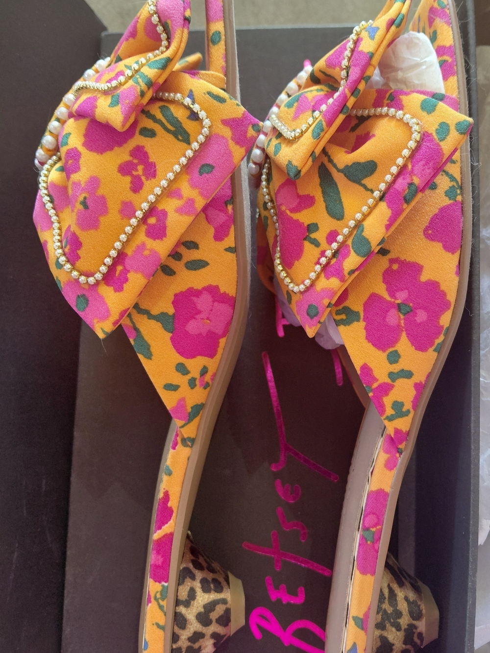 Betsey Johnson Orange Floral Bow Flats with Pink and Green Accents